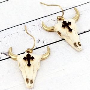 Goldtone Brown Cross Steer Skull Earrings